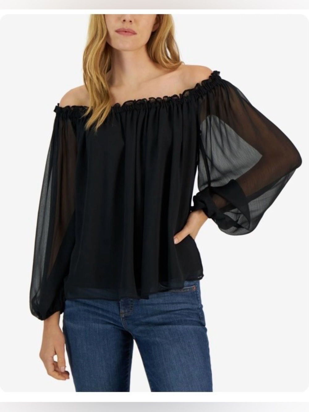 Neiman Marcus Black Sheer Off-Shoulder Blouse
